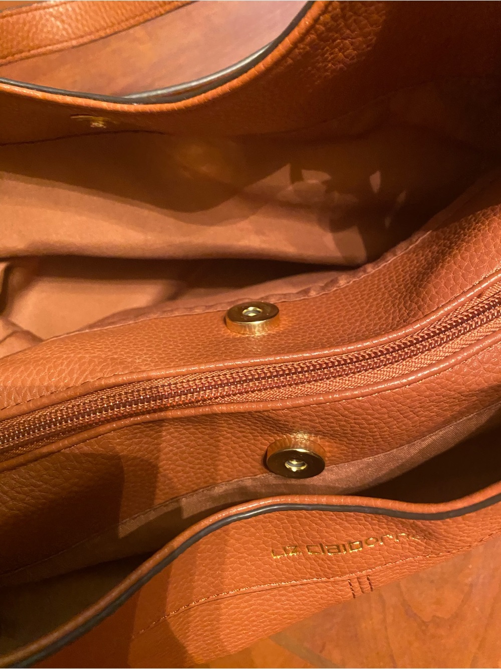 Liz Claiborne Cognac Pebbled Leather Shoulder Tote. measurements are 13 x 10. - Picture 7 of 9